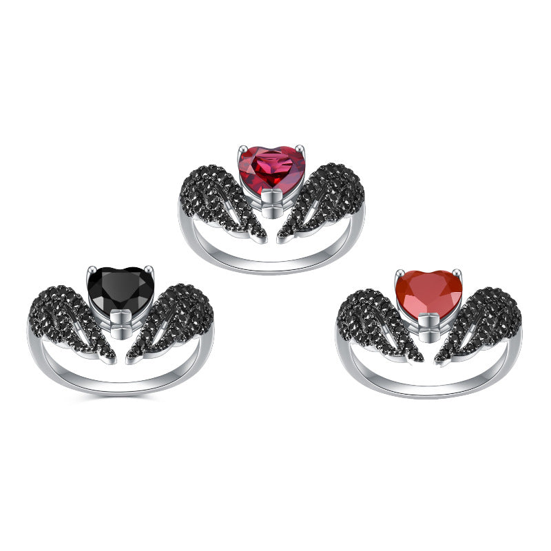 Dark Wings Heart Designer Natural Gemstone Ring s925Sterling Silver Inlaid Garnet Ring