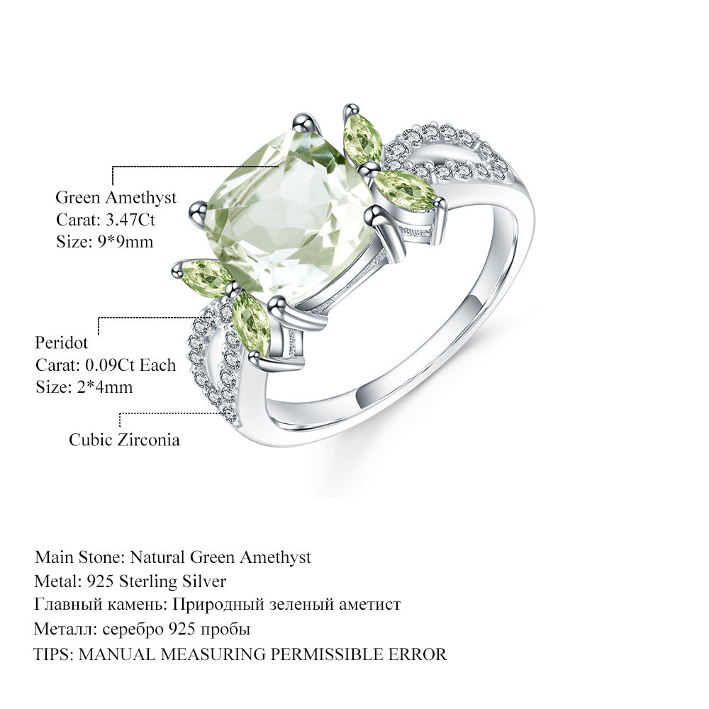 Luxurious Fashion Natural Green Amethyst Ring Sophisticated Design s925Sterling Silver Inlaid Natural Gemstone Ring