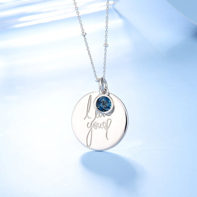 Factory Direct Supply s925Silver Necklace Pendant for Women, Light Luxury Round Pendant with Engraving, Natural Gemstone Colorful Gemstone Pendant