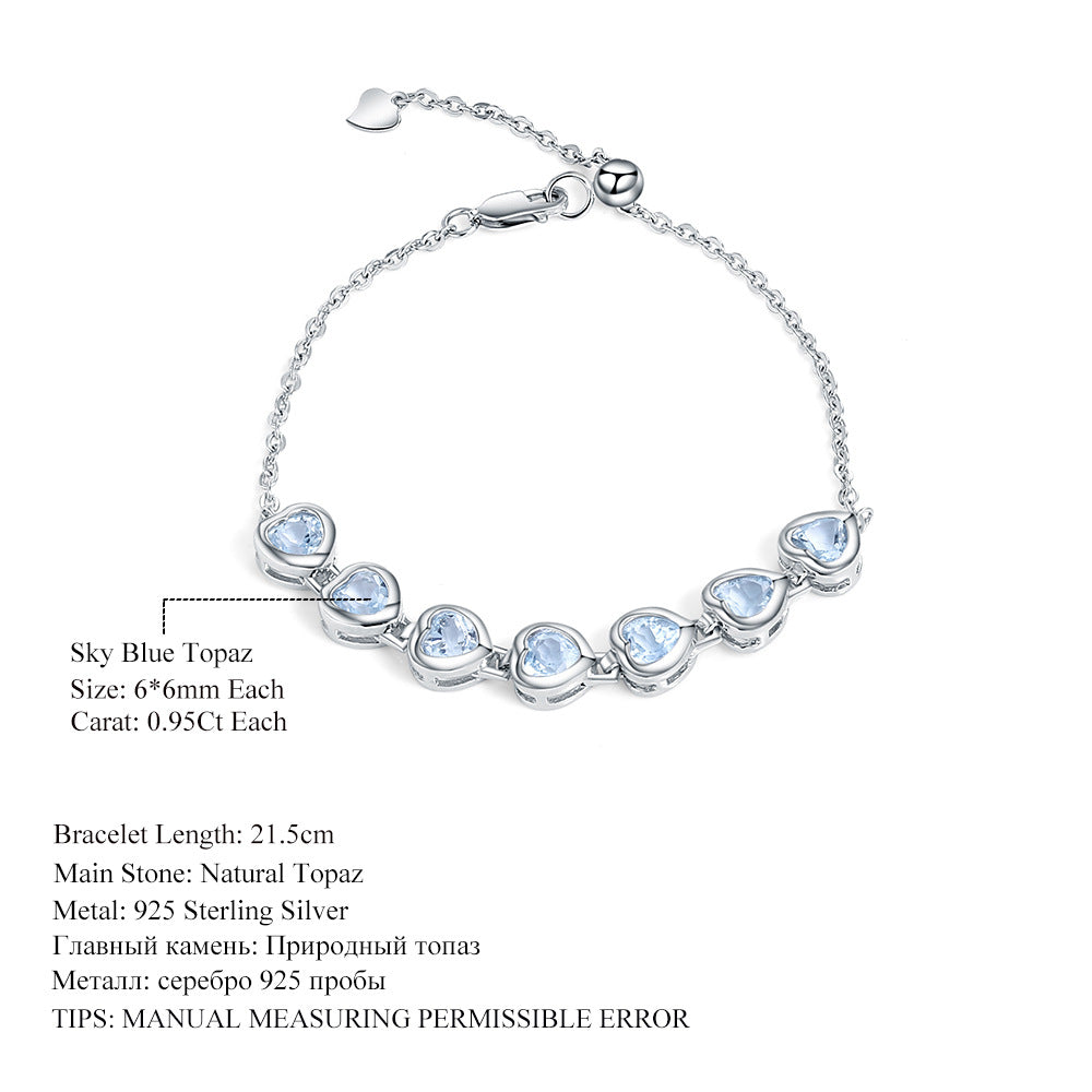 Natural Topaz Heart Bracelet Female Princess Temperament s925Silver Inlaid Natural Gemstone Heart Bracelet