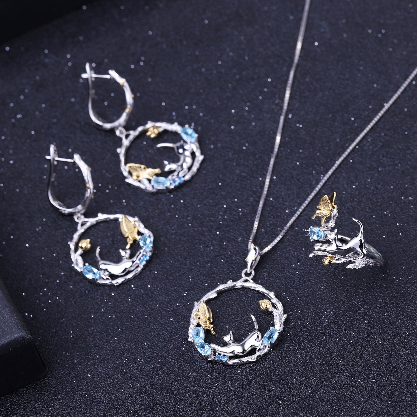 Designer Inlaid Gemstone National Style Earrings Natural Style Animal Design925Silver Topaz Stud Earrings