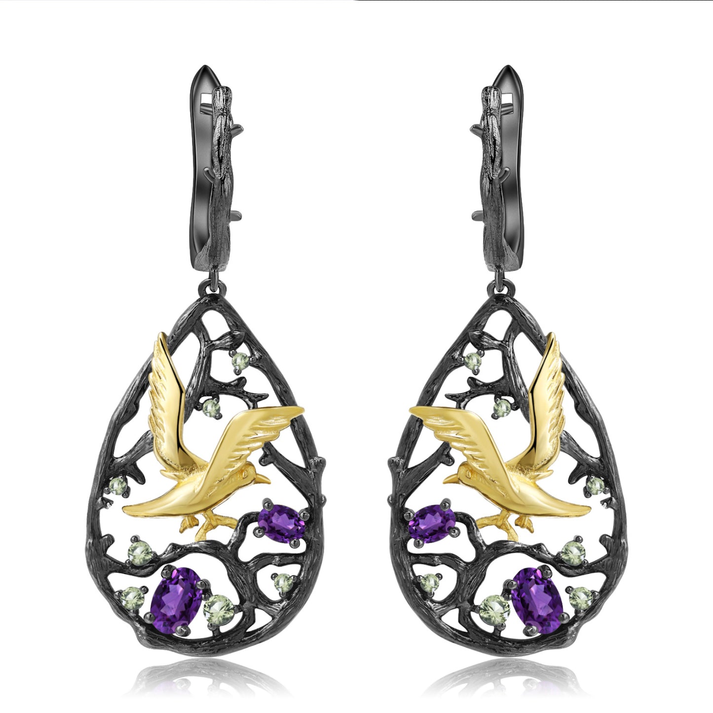 Bird's Paradise Original Design Earrings S925Sterling Silver Inlaid Natural Topaz Garnet Earrings Black