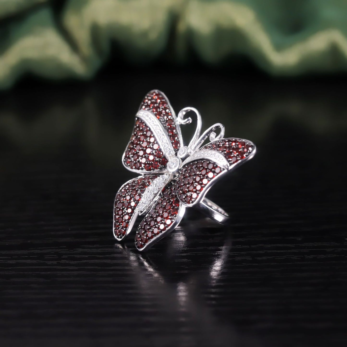 Exaggerated Gemstone Ring s925Sterling Silver Inlaid Natural Garnet Ring Luxurious Large Butterfly Ring for Women