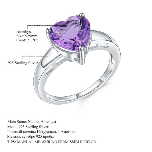 Natural Amethyst Heart Gemstone Ring Luxurious and high-end feel s925Silver Inlaid Natural Gemstone Ring