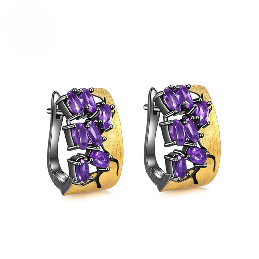 Italian abstract designer jewelry accessories 925Silver Gold Plated Inlaid Gemstone Natural Amethyst Stud Earrings