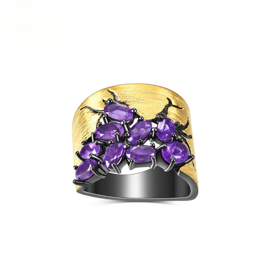 Designer Italian Craft Vintage Style Ring Russia s925Sterling Silver Inlaid Gemstone Natural Amethyst Ring