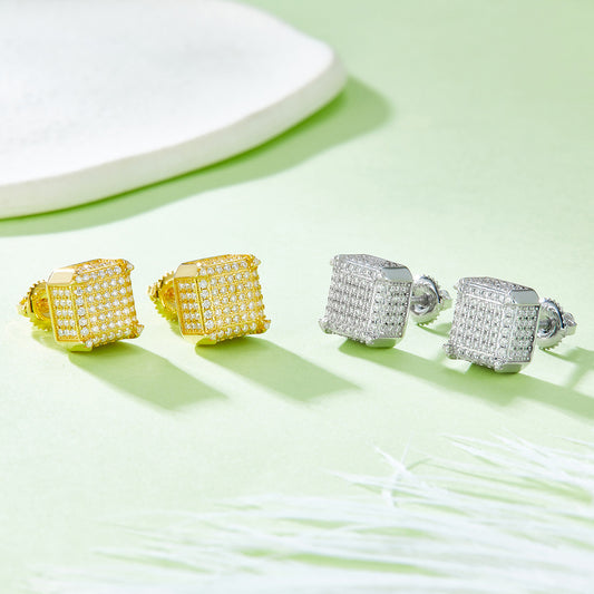Luxurious Super Shiny Full Diamond Earrings s925Silver Inlaid Moissanite Earrings TikTok Hot Selling Gold Color Square Threaded Earrings