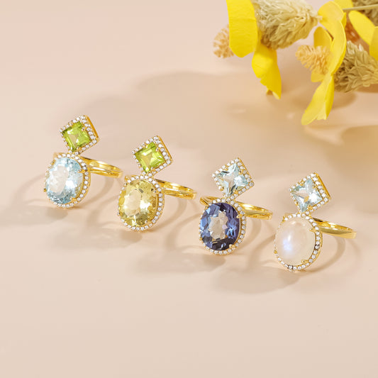 Fresh and Elegant Topaz Ring Moonstone s925Sterling Silver Inlaid Natural Peridot Candy Color Ring New Style