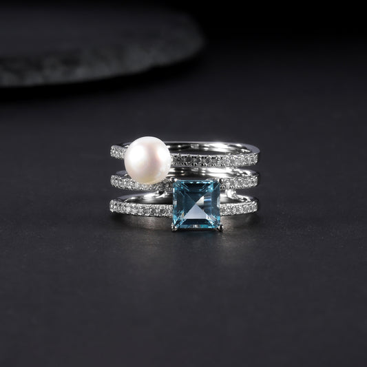 S925Sterling Silver Natural Freshwater Pearl Ring Fashionable Light Luxury High-end Inlaid Natural Topaz Ring