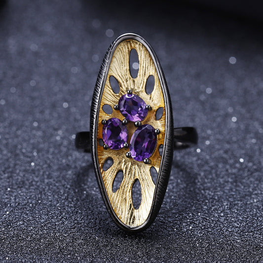Italian Craft Designer Gemstone Ring Natural, Unique, and High-end Feel925Silver Natural Amethyst Ring
