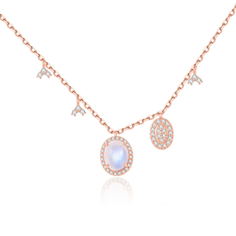 Personality s925Sterling Silver Clavicle Chain Plated18k Rose Gold2ct Natural Gemstone Niche Design Moonstone Necklace