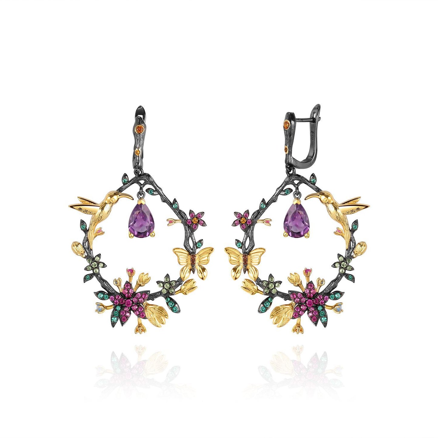 Secret Garden Designer Gemstone Earrings with Birds and Floral Design925Silver Natural Amethyst Earrings Drop Earrings
