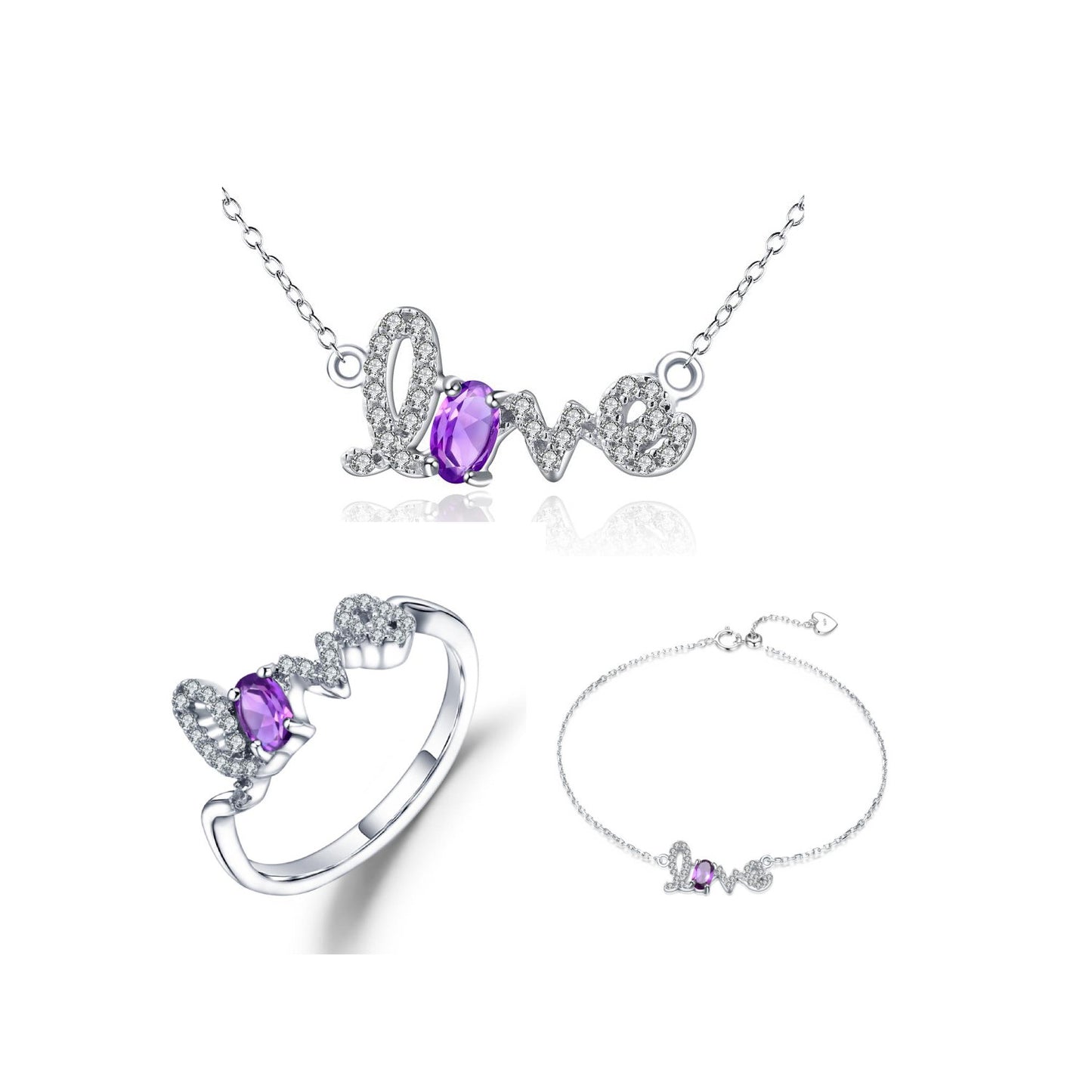 Natural Amethyst Original Design Jewelry Set s925Silver Inlaid Ring Bracelet Necklace Three-Piece Set