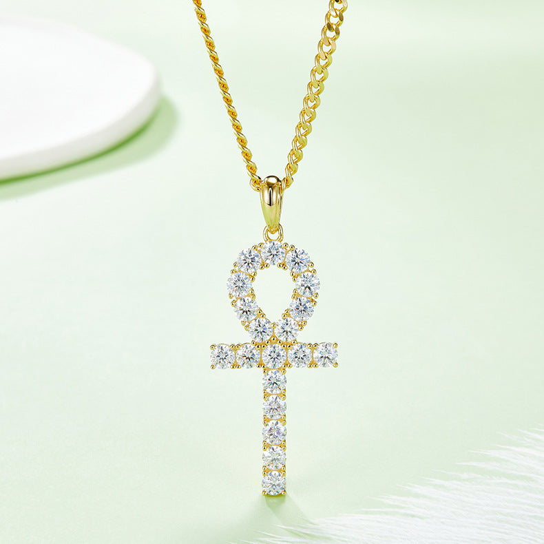 Key Cross Pendant s925Sterling Silver Inlaid4mm Moissanite Necklace Hip Hop Full Diamond Clavicle Chain