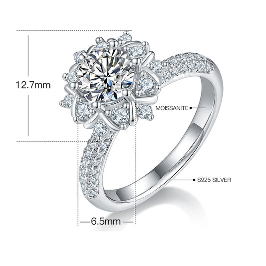 Luxurious Snowflake Moissanite Ring s925Sterling Silver Inlaid1Carat Moissanite Wedding Ring Round Ring for Women