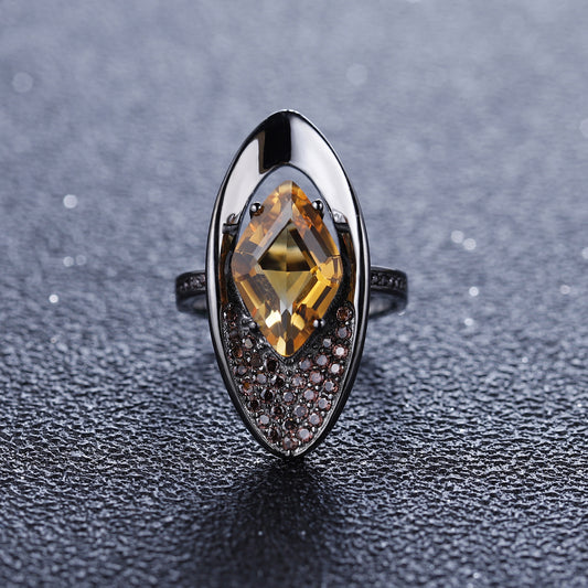 Italian Craft Designer Ring Vintage Jewelry925Silver Inlaid Natural Gemstone Yellow Crystal Ring