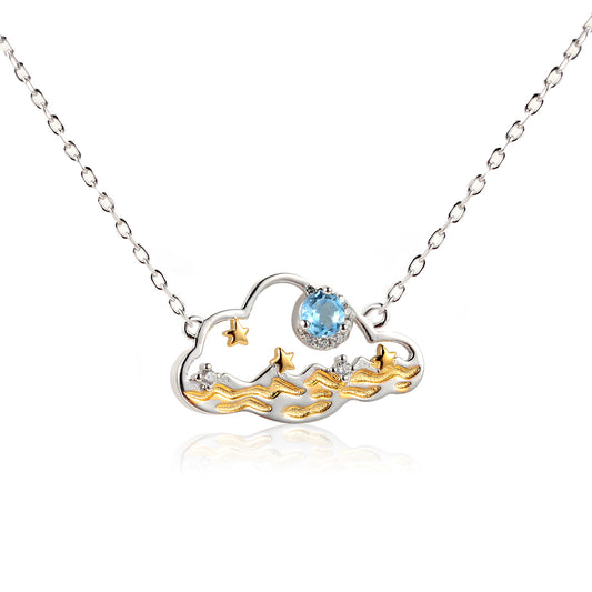 Cloud and Sea Pendant Topaz Opal Necklace for Women Simple Fairy Designer Style S925Sterling Silver Jewelry