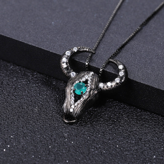 Designer Style Classic of Mountains and Seas Bull Head Pendant Dark Retro Design s925Silver Inlaid Green Agate Necklace Pendant