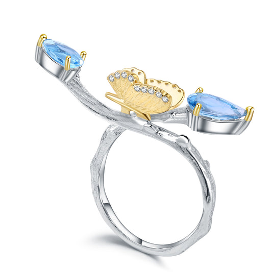 Secret Garden Designer Gemstone Ring Natural Style Butterfly Design s925Silver Natural Topaz Ring