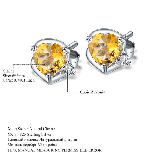 Natural Citrine Heart-Shaped Earrings Fashionable and Simple Style with Elegant Charm s925Silver Inlaid Natural Gemstone Earrings