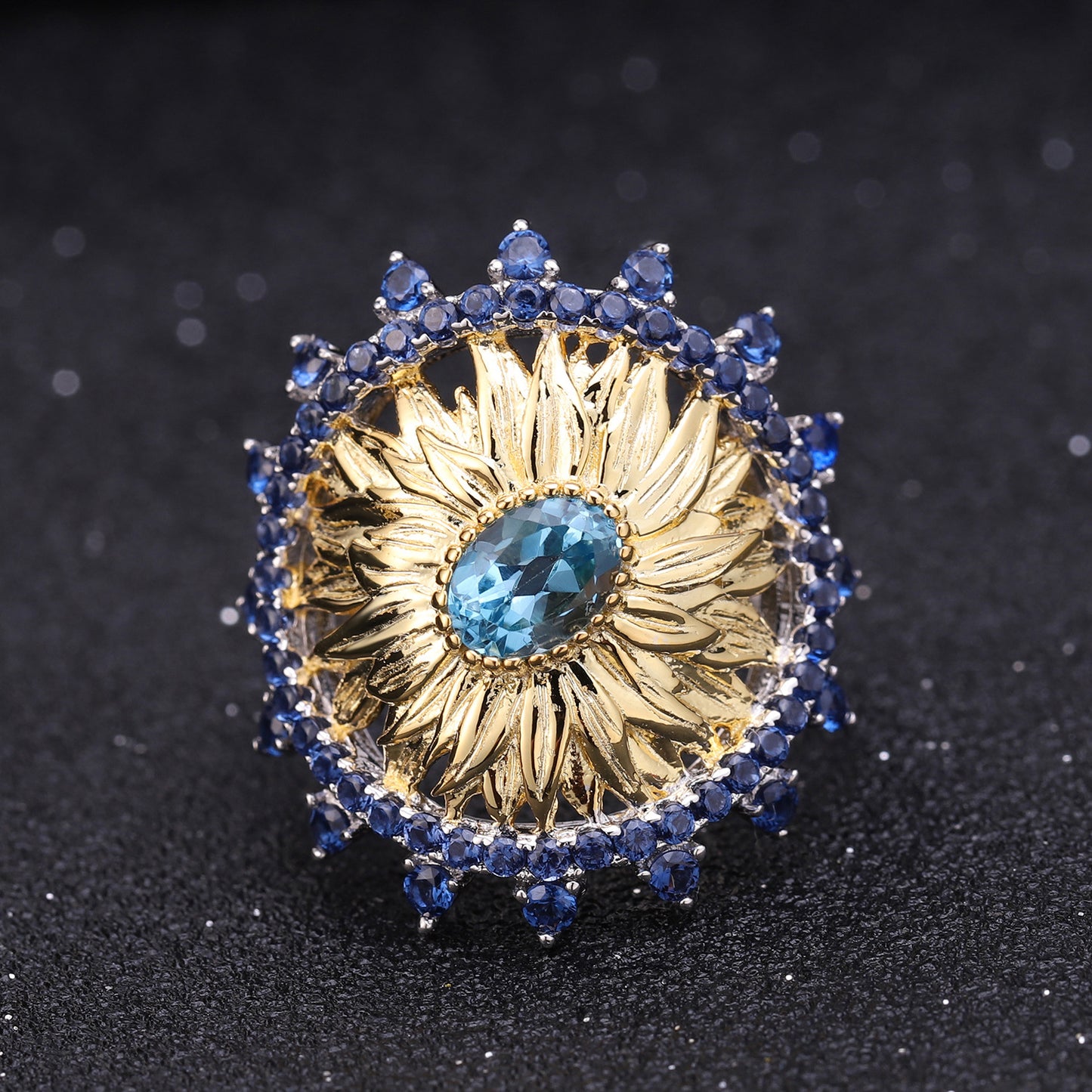 Original Designer Sunflower Ring Italian Craft Vintage Style925Sterling Silver Natural Topaz Ring