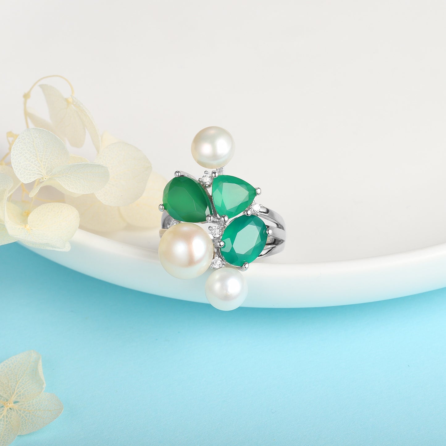 Designer Luxury Adjustable Ring with Unique High-End Design925Silver Natural Pearl Green Agate Ring