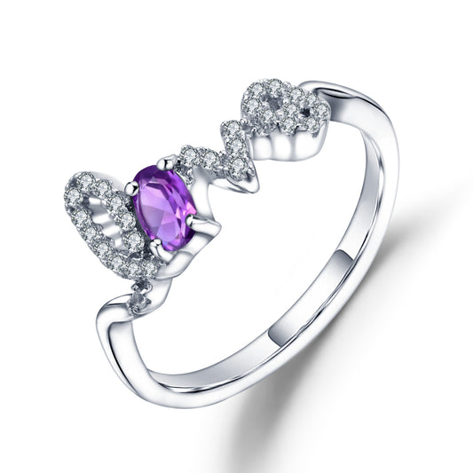 Fashion Design Luxury Amethyst Ring for Women 925Sterling Silver Inlaid with Natural Gemstones LOVE Letter Ring