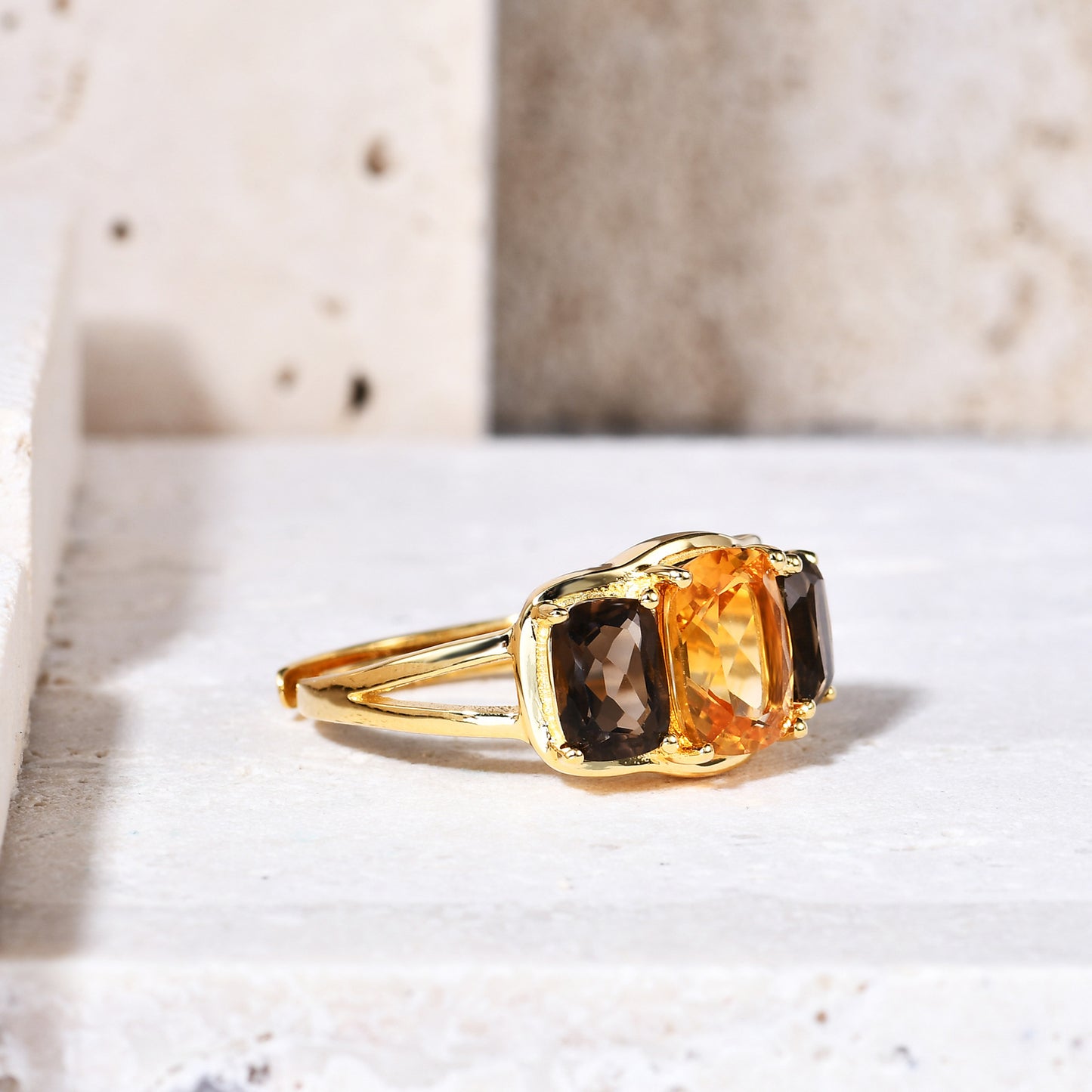 Natural Gemstone Yellow Citrine Tea Crystal Ring Luxurious Design Sense s925Silver plating14k Gold Inlaid Gemstone Ring