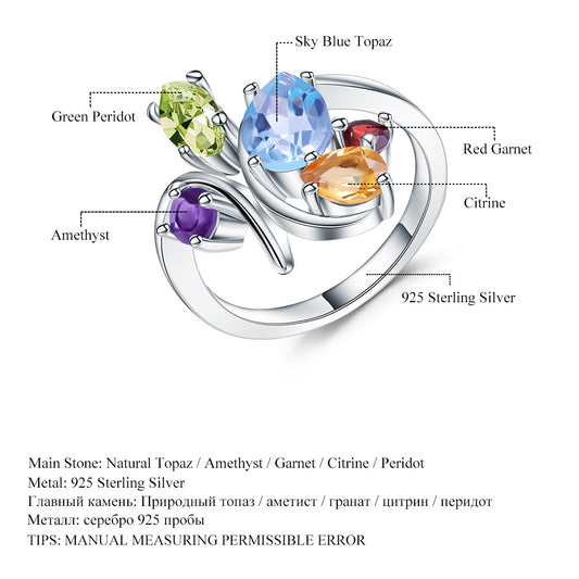 Natural Colored Gemstone Ring for Women Fashionable Design Sense of Light Luxury s925Sterling Silver Inlaid Natural Gemstone Ring