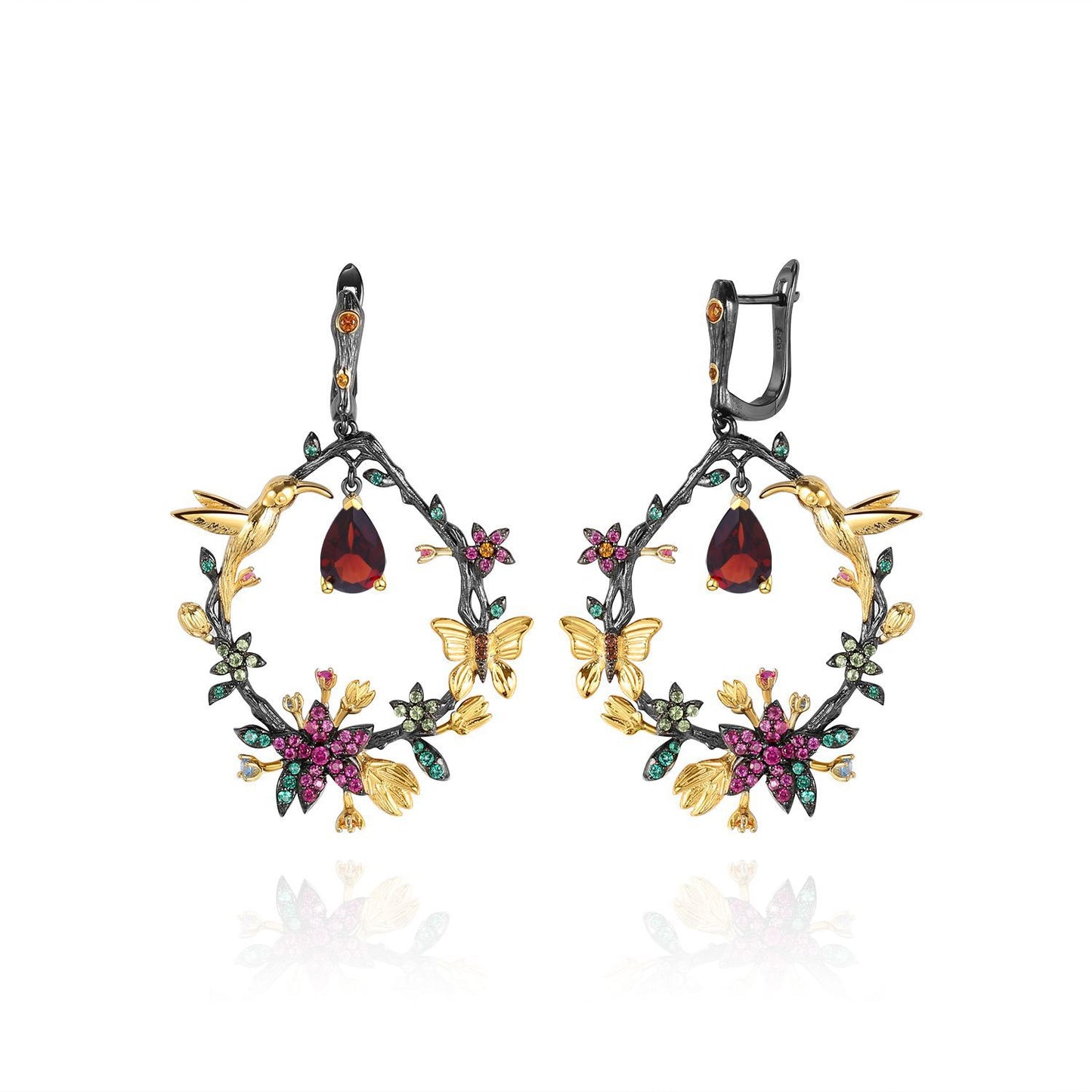 Secret Garden Designer Gemstone Earrings with Birds and Floral Design925Silver Natural Amethyst Earrings Drop Earrings