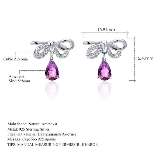 In-stock Sweet and Elegant Earrings Korean style bow tie s925Sterling Silver Inlaid Natural Gemstone Crystal Earrings Jewelry