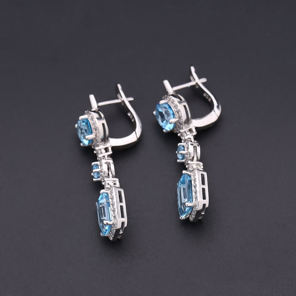 Luxurious Natural Topaz Stud Earrings Fashion High-End Sense s925Silver Inlaid Natural Gemstone Earrings