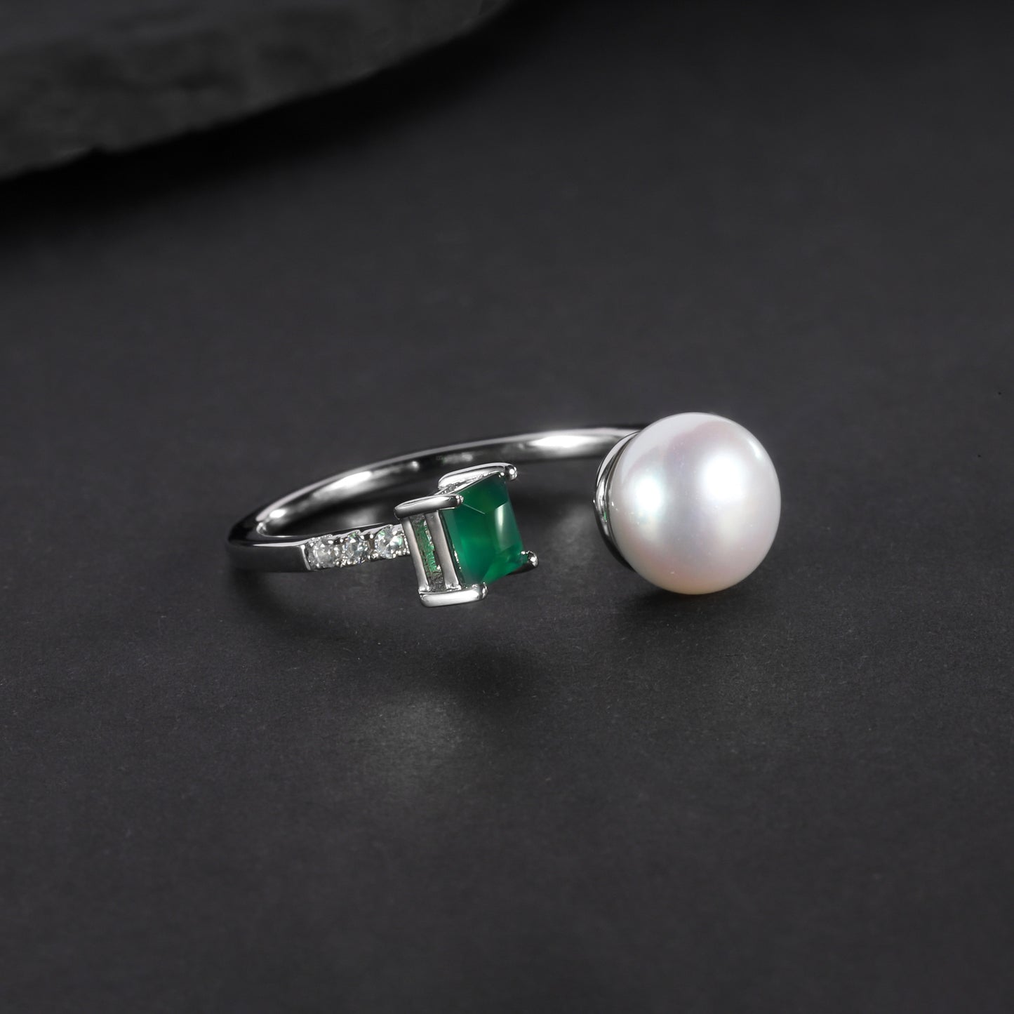 S925Sterling Silver Natural Freshwater Pearl Adjustable Open Ring for Women Fashionable Light Luxury Natural Green Agate Ring