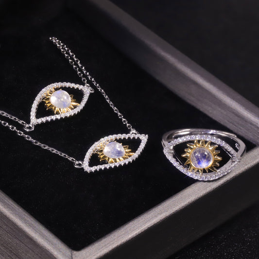 2023New High-End Demon Eye Natural Cream Blue Moonstone Ring Necklace Bracelet Set Three-Piece Set