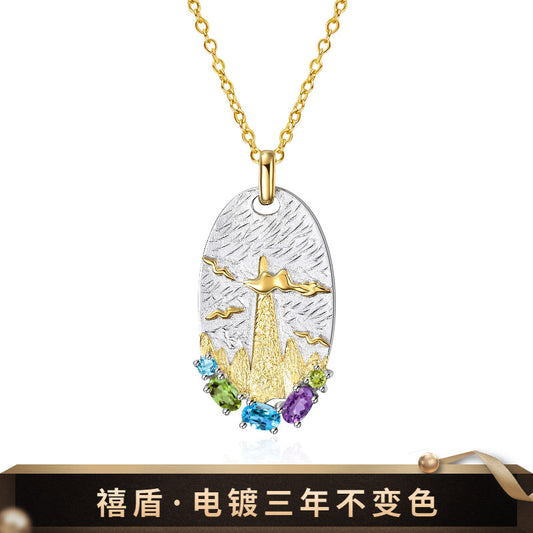 Italian Craft Retro Style Jewelry Designer Necklace s925Silver Inlaid Natural Gemstone Necklace Pendant
