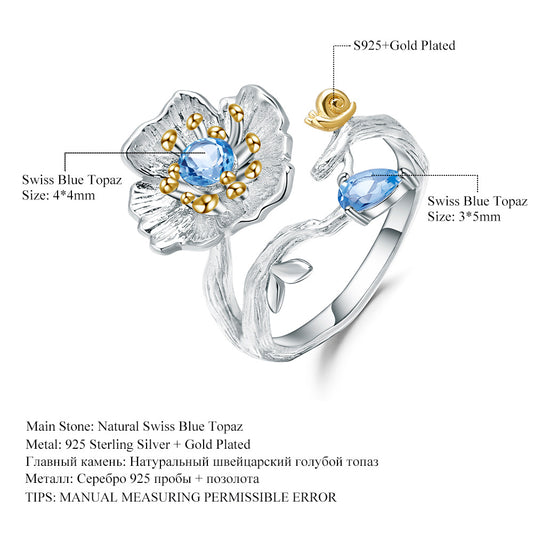 Designer Plum Blossom Gemstone Open Ring Natural Style Floral Design s925Silver Natural Topaz Ring
