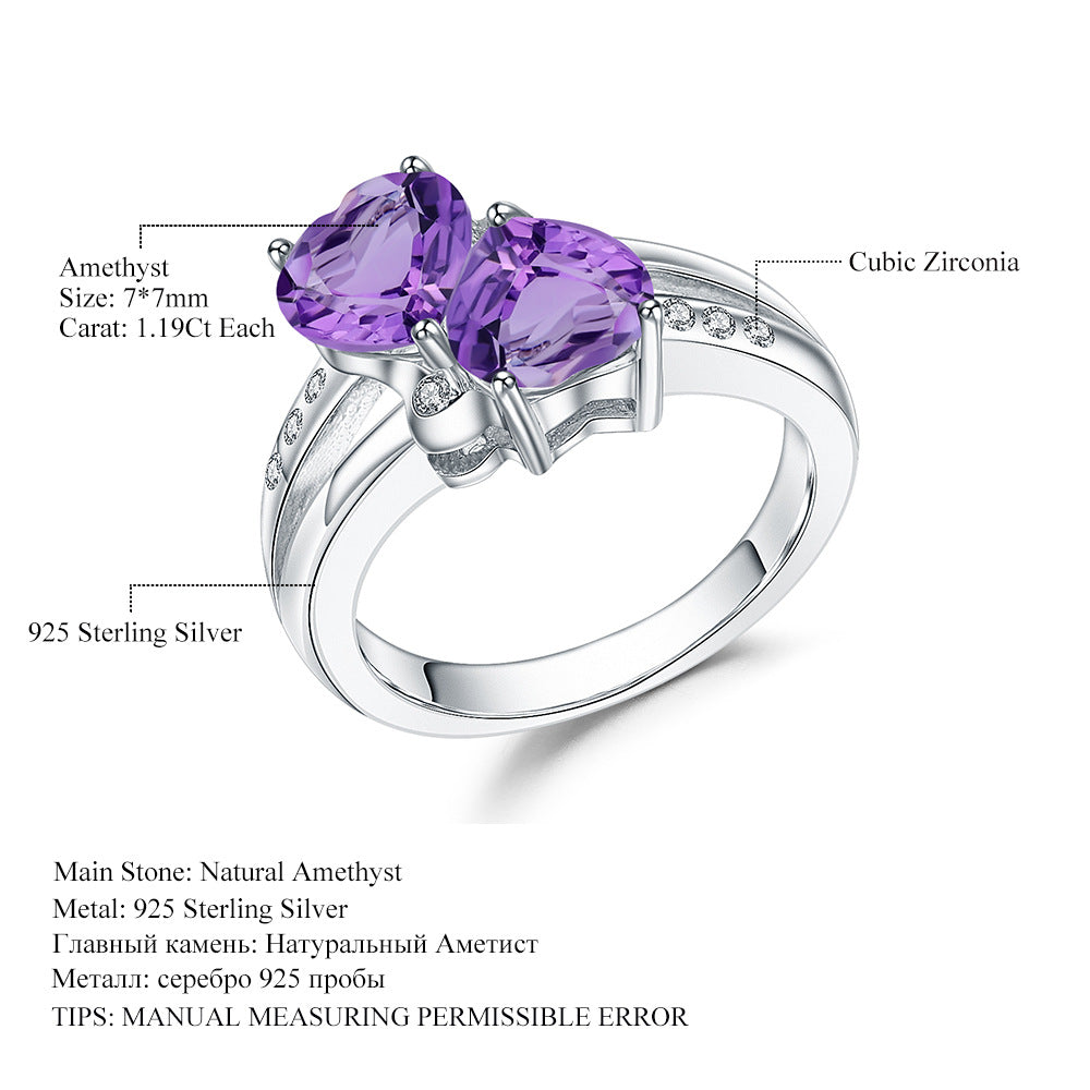 925Silver Heart-shaped Gemstone Ring Natural Amethyst Citrine Garnet Ring Supply