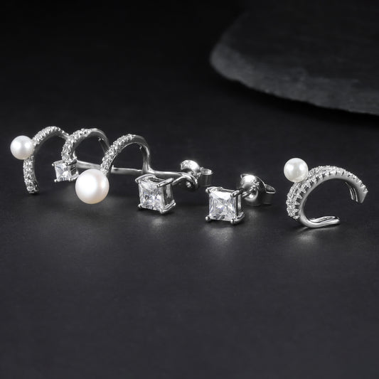 Fashionable Light Luxury Earring Three-Piece Set S925Silver Inlaid Natural Freshwater Pearl Set5A Zircon Earrings Ear Clips