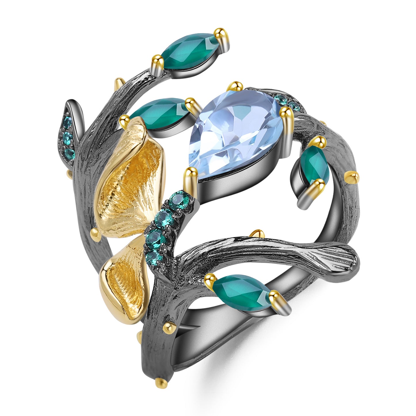 Russian Secret Garden Designer Gemstone Ring Natural Style Butterfly s925Silver Natural Amethyst Ring