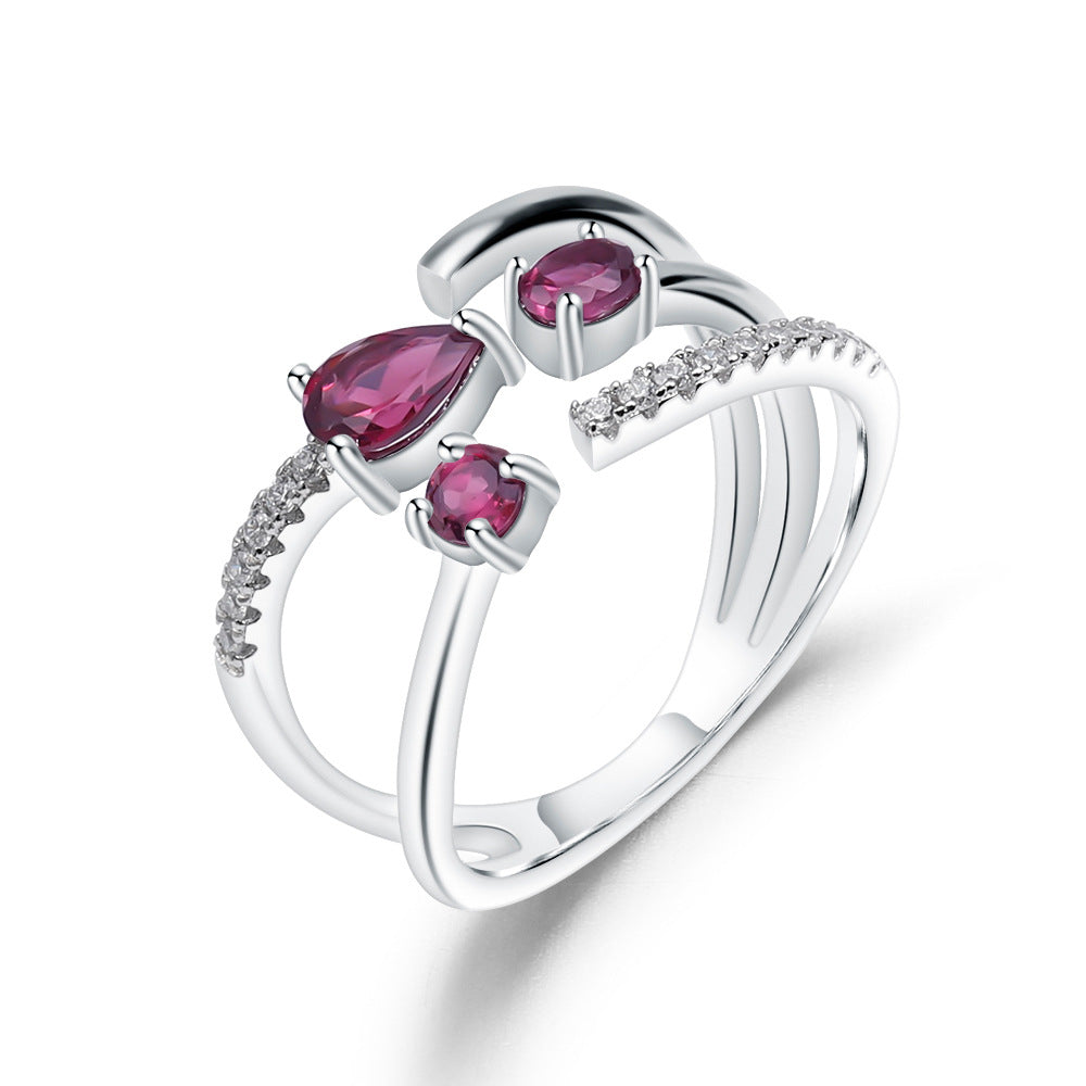 Luxurious and High-End Natural Rose Pomegranate Ring from the Prosperous Series925Silver Inlaid Natural Gemstone Ring