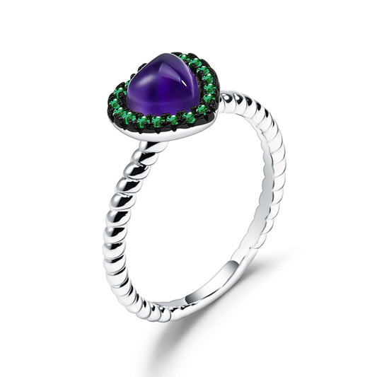 Luxurious and Unique Natural Amethyst Heart Ring Fashion Design s925Sterling Silver Inlaid Gemstone Ring