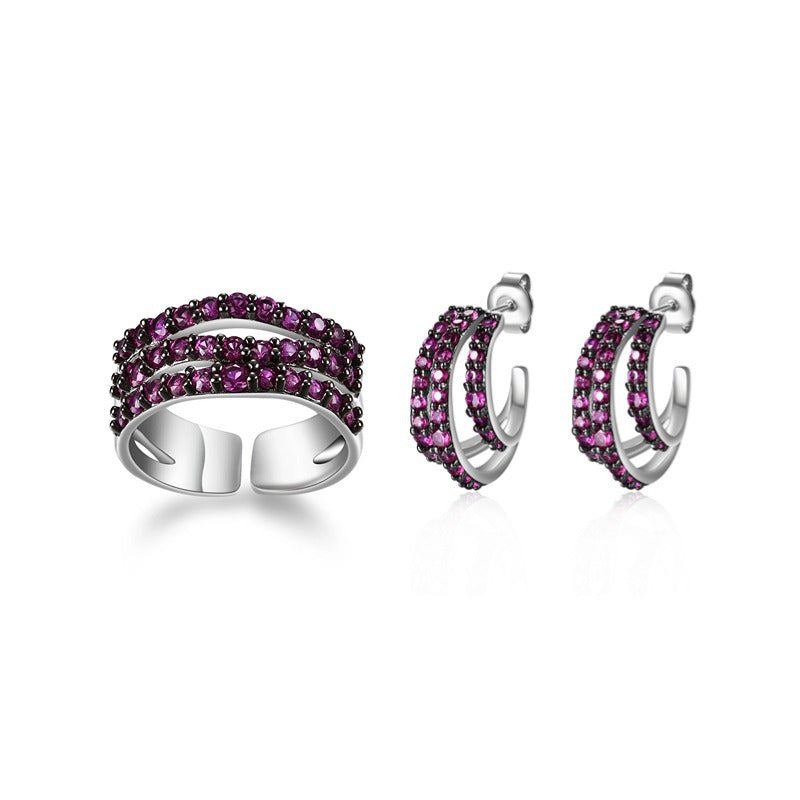 Unique Rings and Earrings s925Sterling Silver Inlaid Cultivated Ruby Earrings Open Ring Jewelry Set for Women