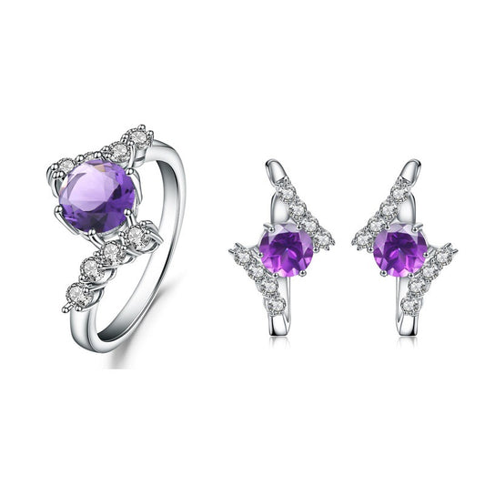 Customization s925Silver Natural Amethyst Ring and Earrings Two-Piece Set Inlaid Natural Gemstone Jewelry Set