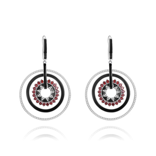 Designer Natural Garnet Enamel Earrings Unique Circular Design925Silver Color Gemstone Earrings