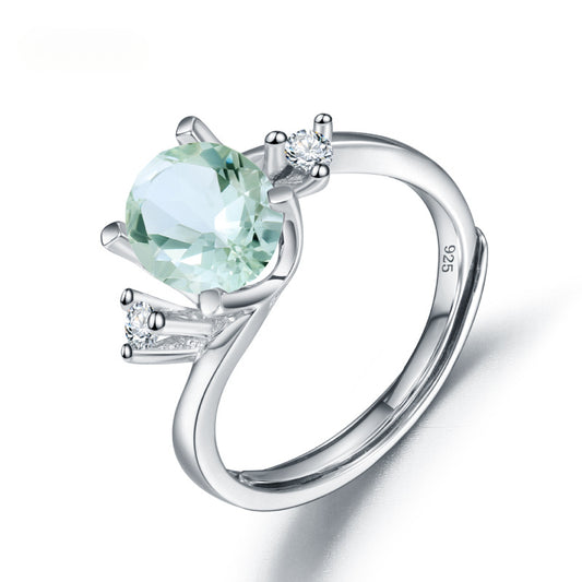 s925Silver Natural Green Amethyst Ring Adjustable Opening Fashionable Elegant Light Luxury Inlaid Natural Gemstone Ring