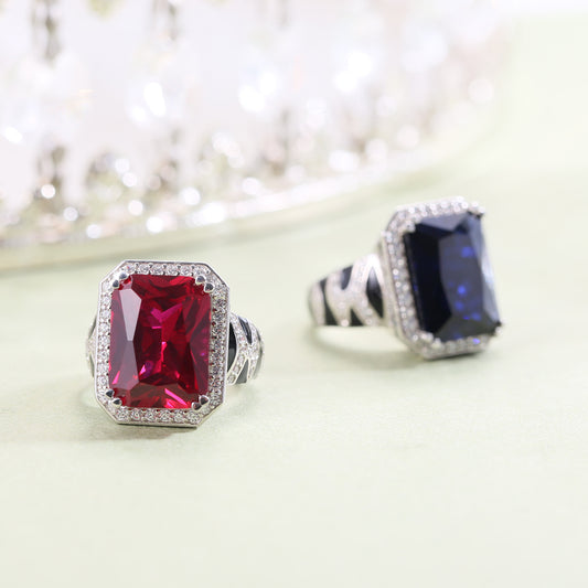 Original Design Bold Tiger Pattern Gemstone Ring for Men and Women Couples925Sterling Silver Large Carat Red Sapphire Ring