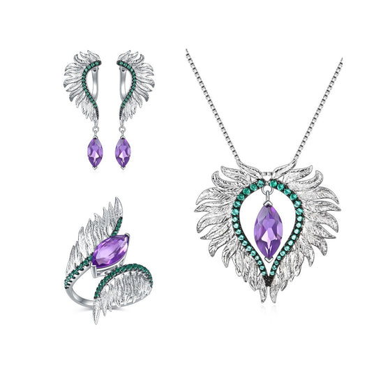 Designer Natural Gemstone Accessories Angel Wings Three-Piece Set925Silver Inlaid Unique Jewelry Set