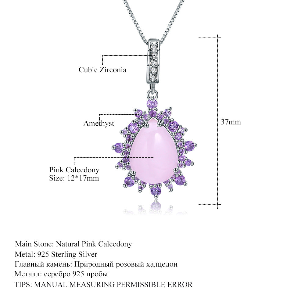 Luxurious Natural Gemstone Pink Agate Necklace Pendant Elegant Series with a Sense of Sophistication925Silver Inlaid Gemstone Pendant