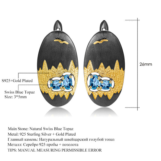 Italian Craft Designer Earrings Elegant Landscape Design925Silver Natural Topaz Stud Earrings