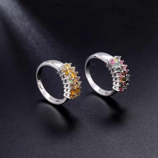Natural Tourmaline Ring Source s925Sterling Silver Inlaid Colorful Gemstone Three-Row Stone Personality Ring